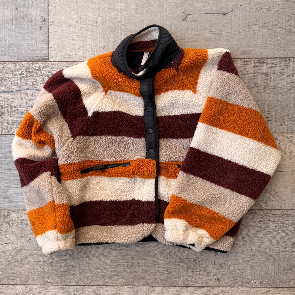Women's Striped Puffer Jacket - Black, Orange, Cream, Brown